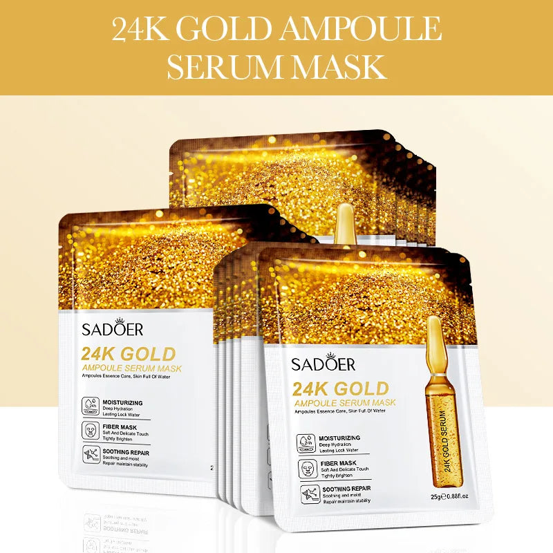 SADOER 15PCS 24K Gold Hyaluronic Acid Face Masks – Firming & Hydrating Skincare Set