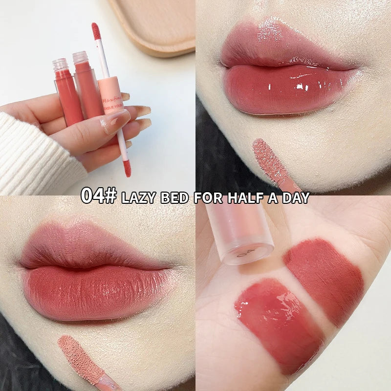 MAXFINE Brillo de labios de doble punta, resistente al agua, hidratante, duradero, mate, terciopelo, espejo, brillo de labios, cosméticos