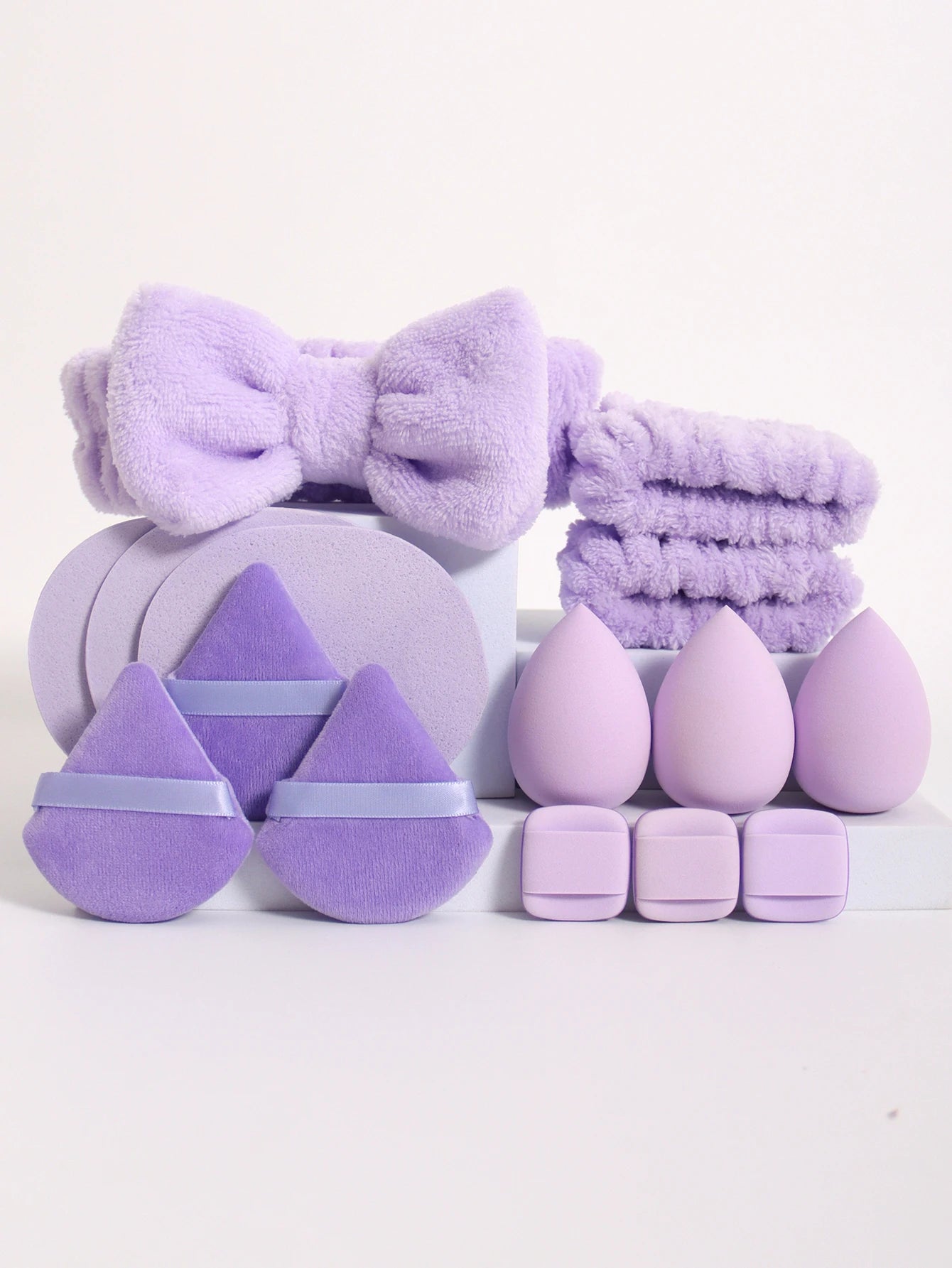 LuxuryGlow 15-Piece Makeup Sponge & Cosmetic Puff Set – Beauty Blender, Headband & Wristband