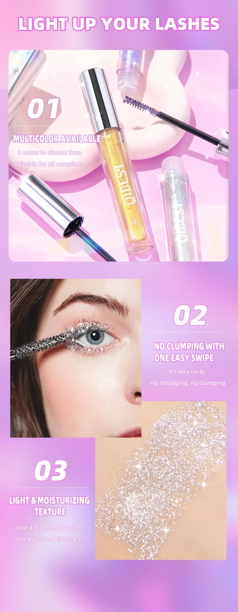 LuxuryGlow Diamond Purple Glitter Mascara – Curling, Volumizing & Sweatproof Shine