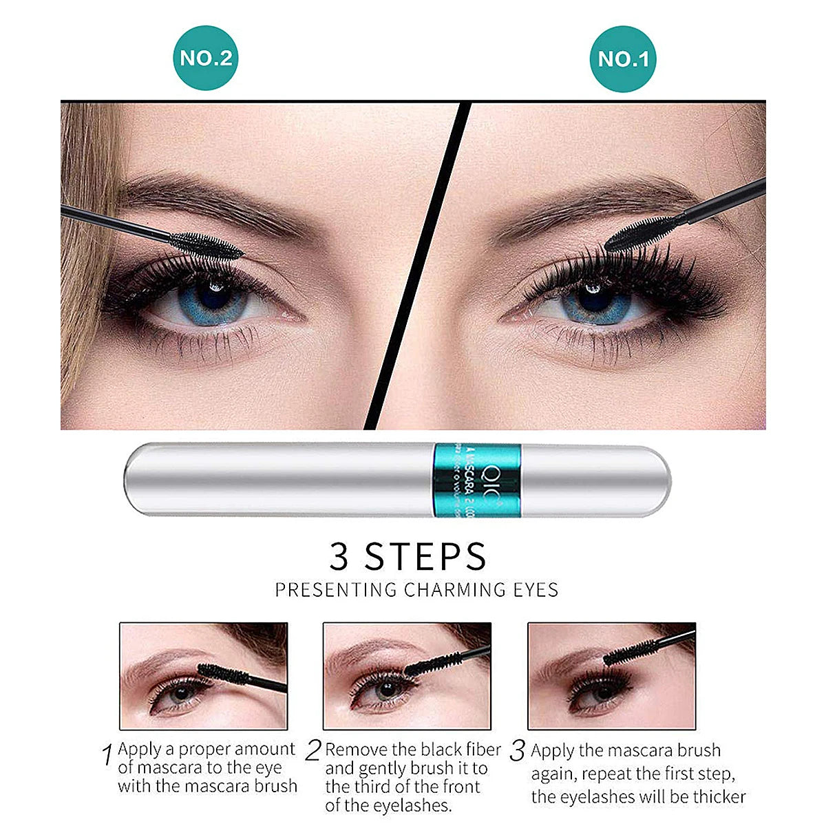 QIC 2-in-1 Waterproof Silk Fiber Mascara for Eyelash Extension – Lengthening & Volumizing