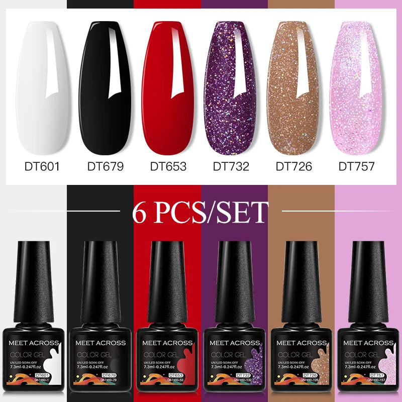 MEET ACROSS 6PC UV LED Gel Nail Polish Set – Soak Off Semi-Permanent Manicure Kit (7ml Each) C75
