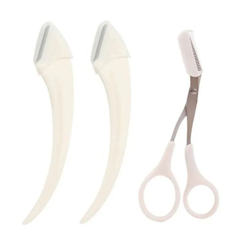 Navaja recortadora de cejas y afeitadora facial LuxuryGlow: herramienta de cuidado personal para mujeres con tijeras y peine (plástico, 12,8 cm)