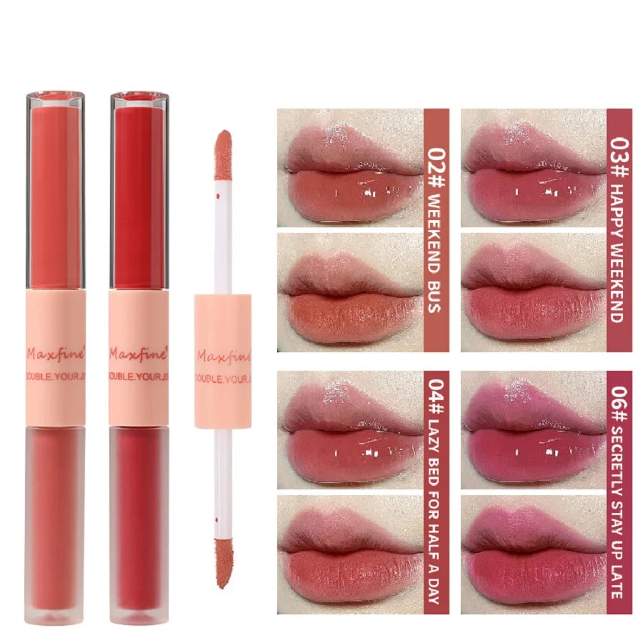 MAXFINE Brillo de labios de doble punta, resistente al agua, hidratante, duradero, mate, terciopelo, espejo, brillo de labios, cosméticos