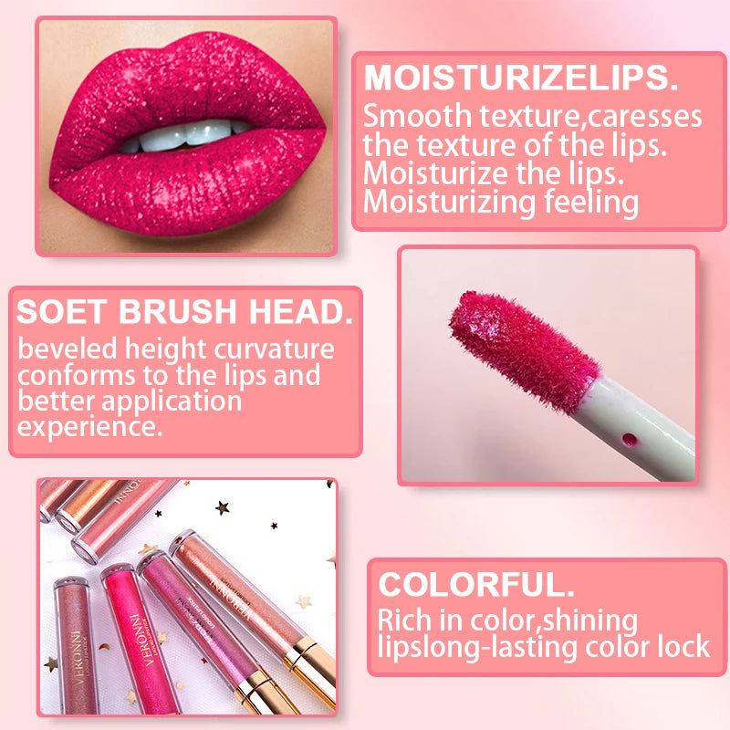 Set de labiales líquidos con purpurina LuxuryGlow de 15 colores: brillo labial duradero, resistente al agua y brillante.