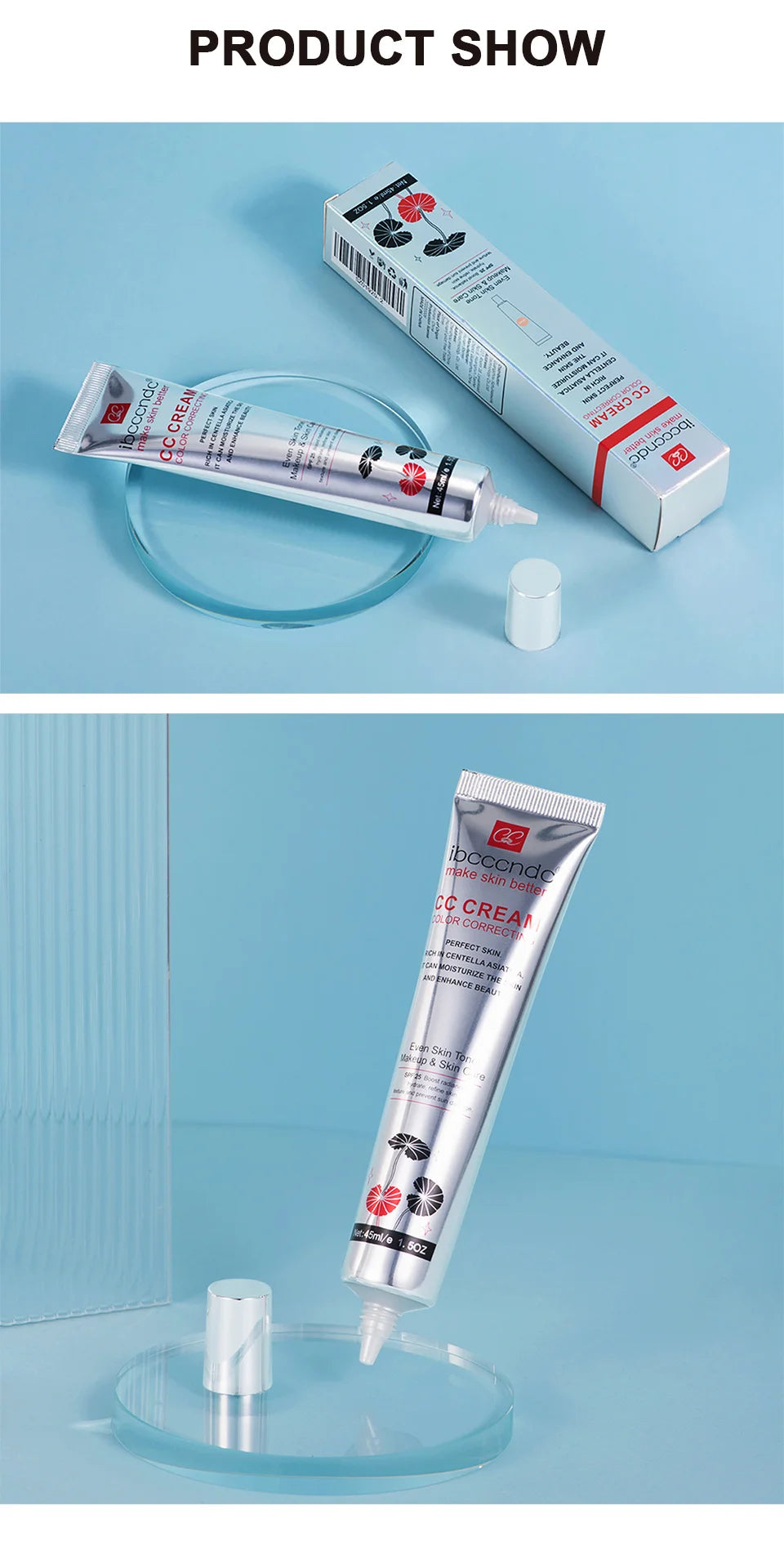 Crema CC correctora de color ibcccndc – Base de maquillaje reparadora y blanqueadora Centella de 45 ml
