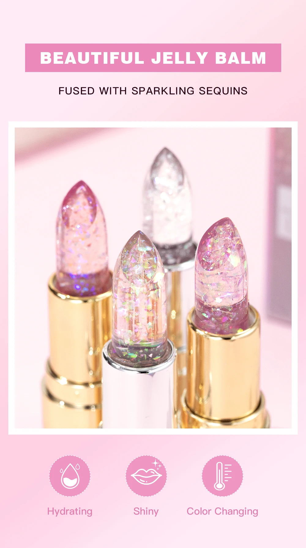 Lápiz labial con brillo que cambia de color QIBEST: bálsamo labial hidratante de gelatina cristalina con brillo y efecto voluminizador.