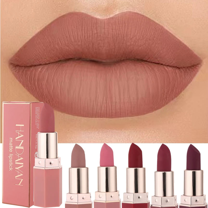 Handaiyan 6-Color Matte Velvet Lipstick Set – Waterproof, Long-Lasting Nude & Red Shades