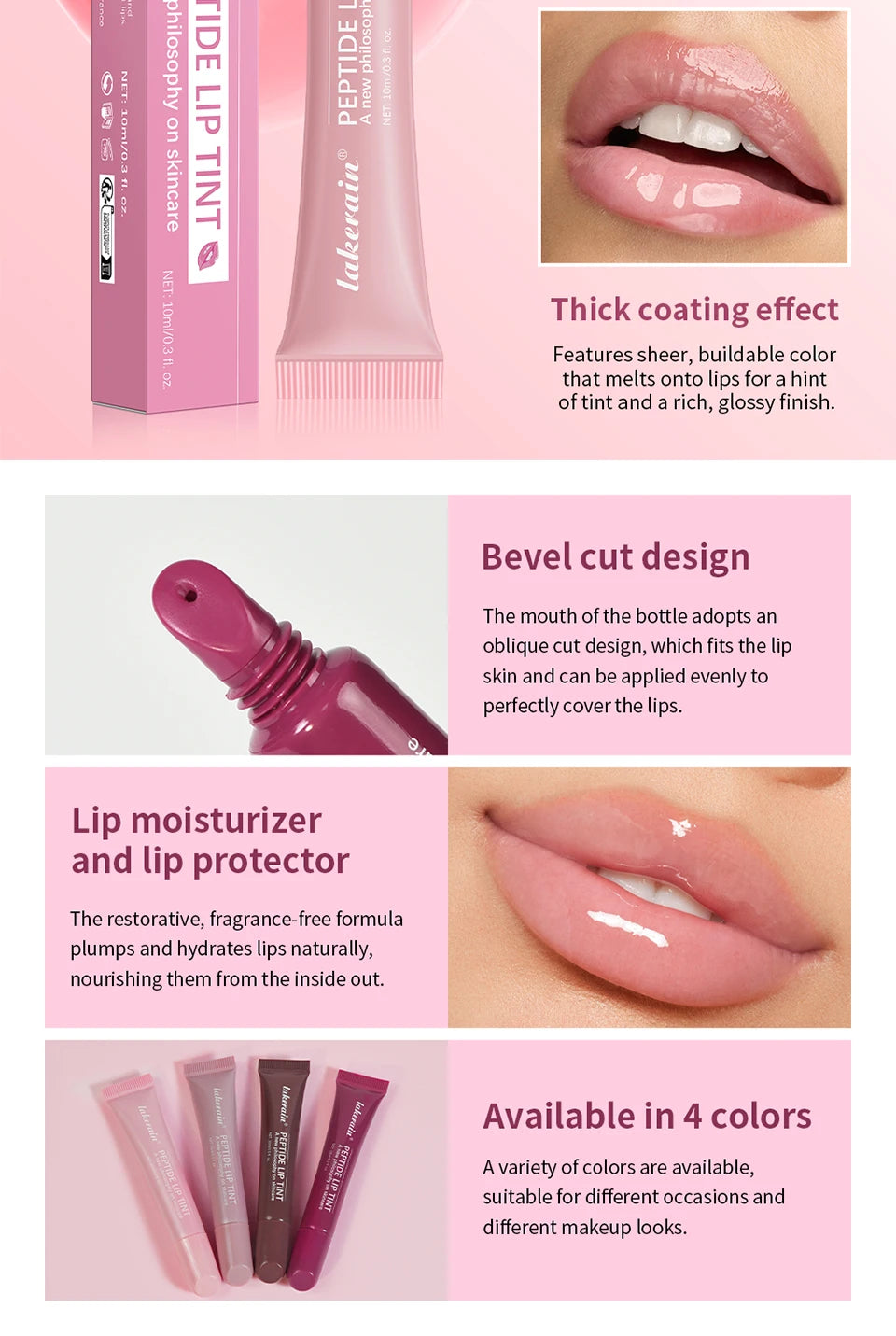 Brillo labial Lakerain Mirror Lip Glaze: 10 ml. Aceite labial hidratante, duradero y no pegajoso para labios nutridos y voluminosos.