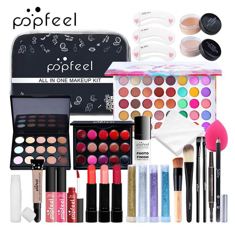 مجموعة هدايا مكياج POPFEEL من LuxuryGlow - مجموعة كاملة للوجه مع ظلال العيون، ملمع الشفاه، كريم الأساس، والفرش