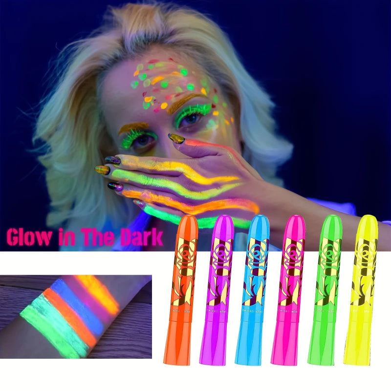 مجموعة أقلام تلوين الوجه المضيئة في الظلام من LuxuryGlow - 6 قطع من أقلام مكياج نيون غير سامة