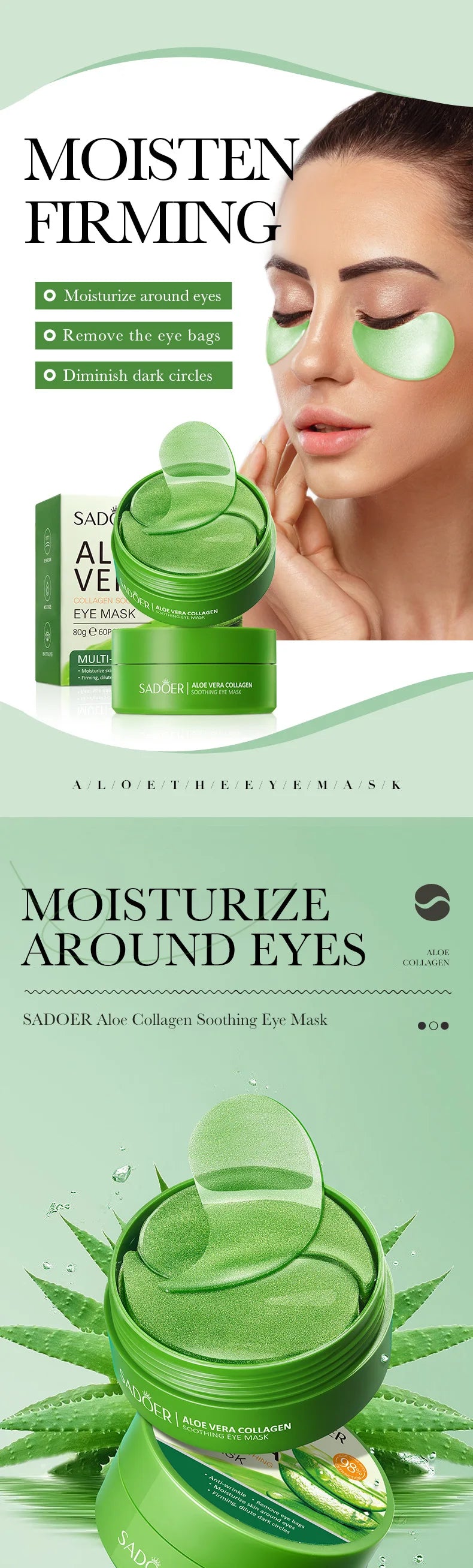 SADOER Aloe Vera Collagen Eye Masks | 60pcs Anti-Dark Circle & Puffiness Patches