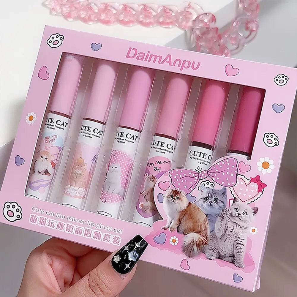 DAIMANPU - Set de brillos labiales con espejo de gato: 6 labiales brillantes, hidratantes y duraderos