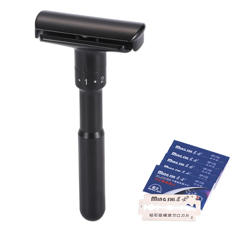 LuxuryGlow Mingshi Adjustable Metal Safety Razor – Classic Double Edge Shaver with 5 Blades (Black)