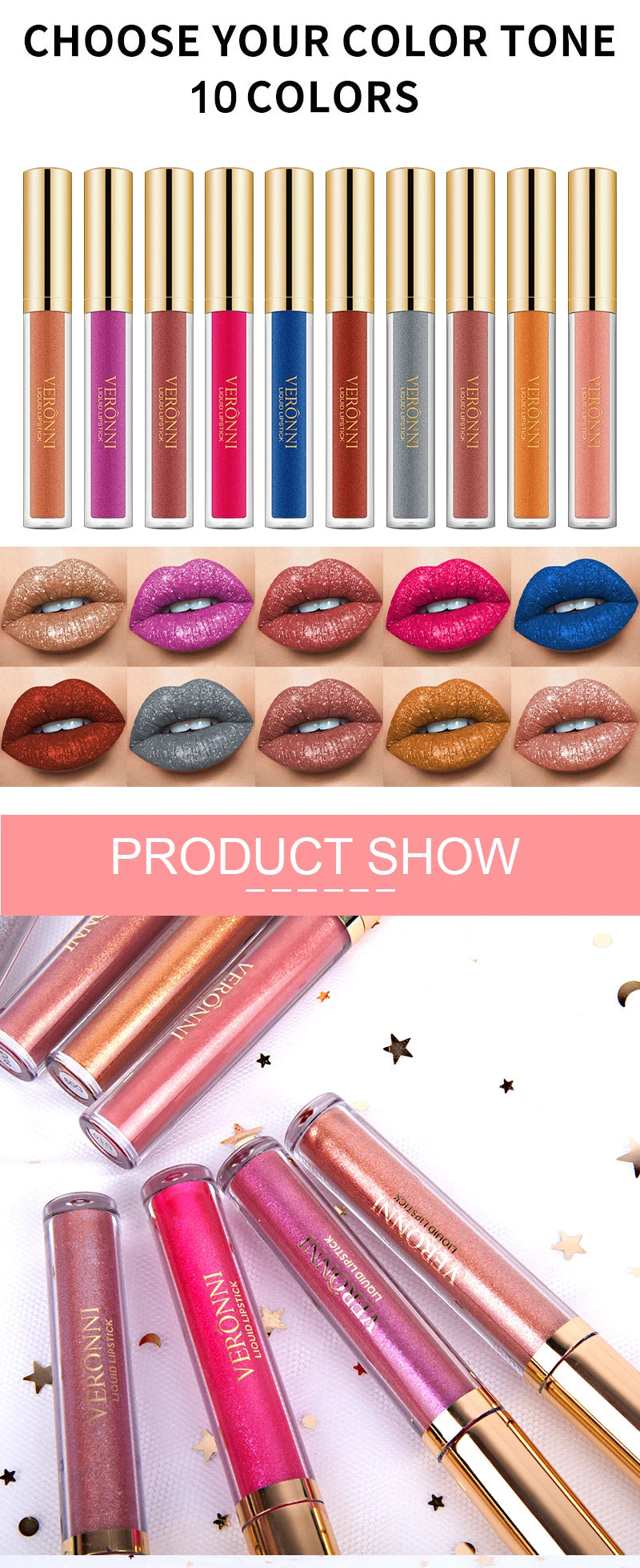 Set de labiales líquidos con purpurina LuxuryGlow de 15 colores: brillo labial duradero, resistente al agua y brillante.