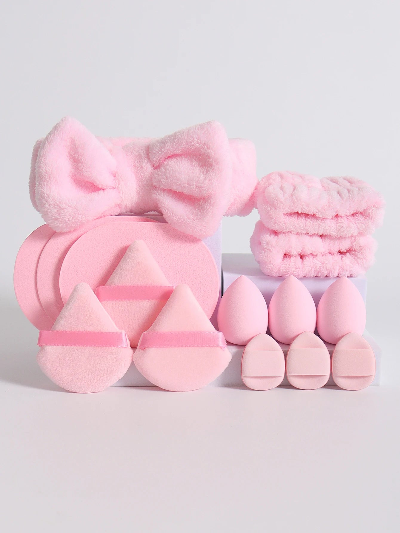 LuxuryGlow 15-Piece Makeup Sponge & Cosmetic Puff Set – Beauty Blender, Headband & Wristband