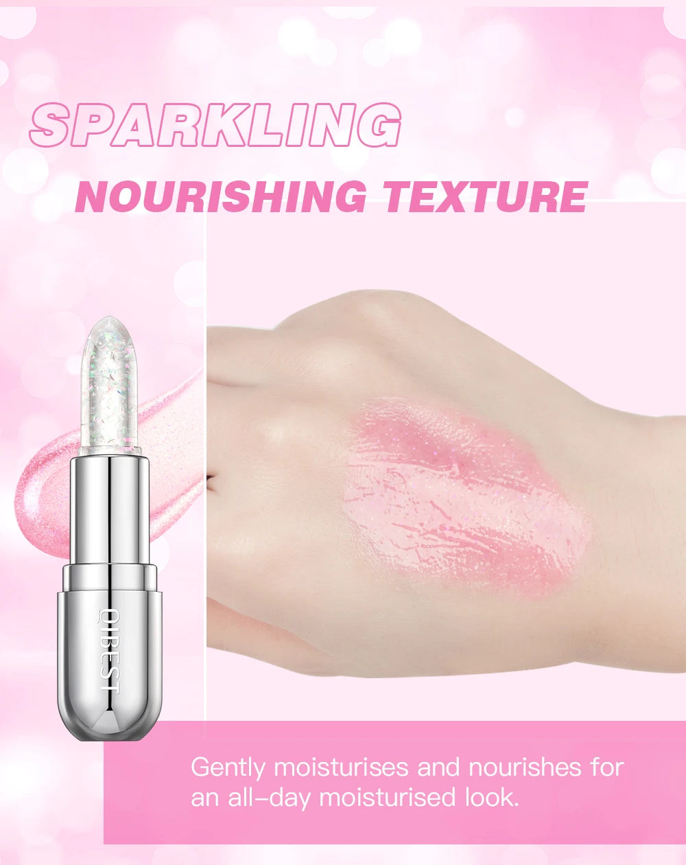 Lápiz labial con brillo que cambia de color QIBEST: bálsamo labial hidratante de gelatina cristalina con brillo y efecto voluminizador.