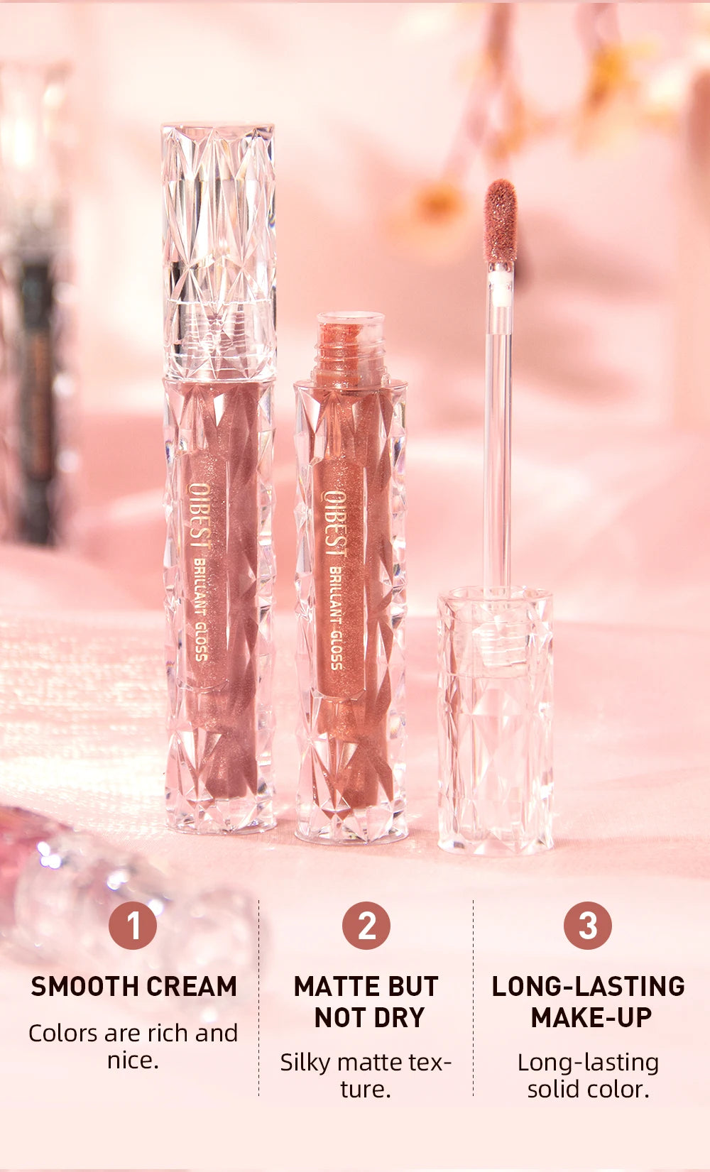 Brillo de labios con brillo de diamante QIBEST: resistente al agua, duradero y brillante.