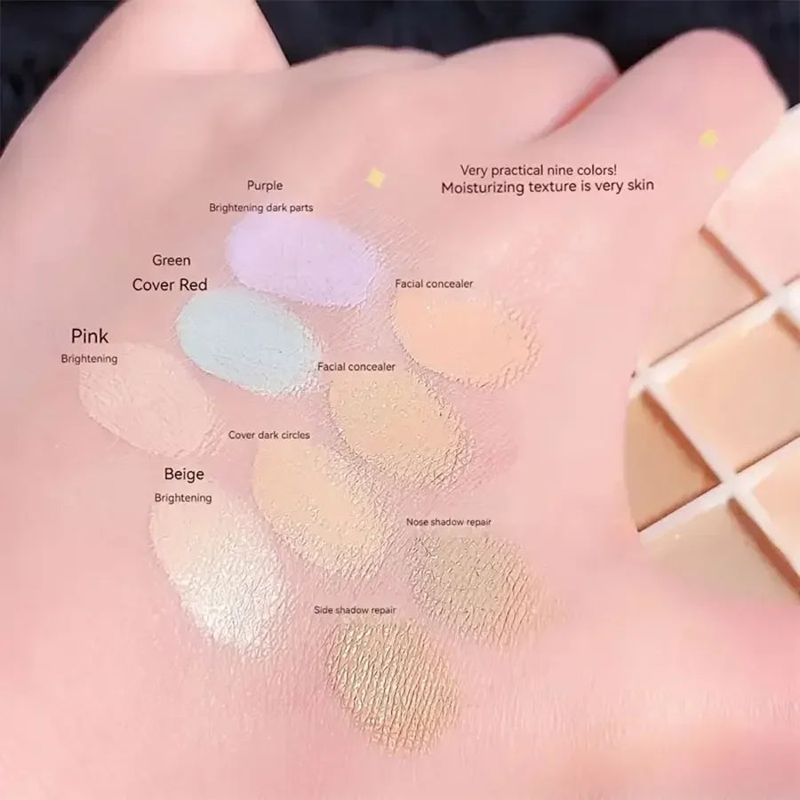 LuxuryGlow 9-Color Waterproof Concealer Palette – Full Coverage for Spots, Dark Circles & Color Correction
