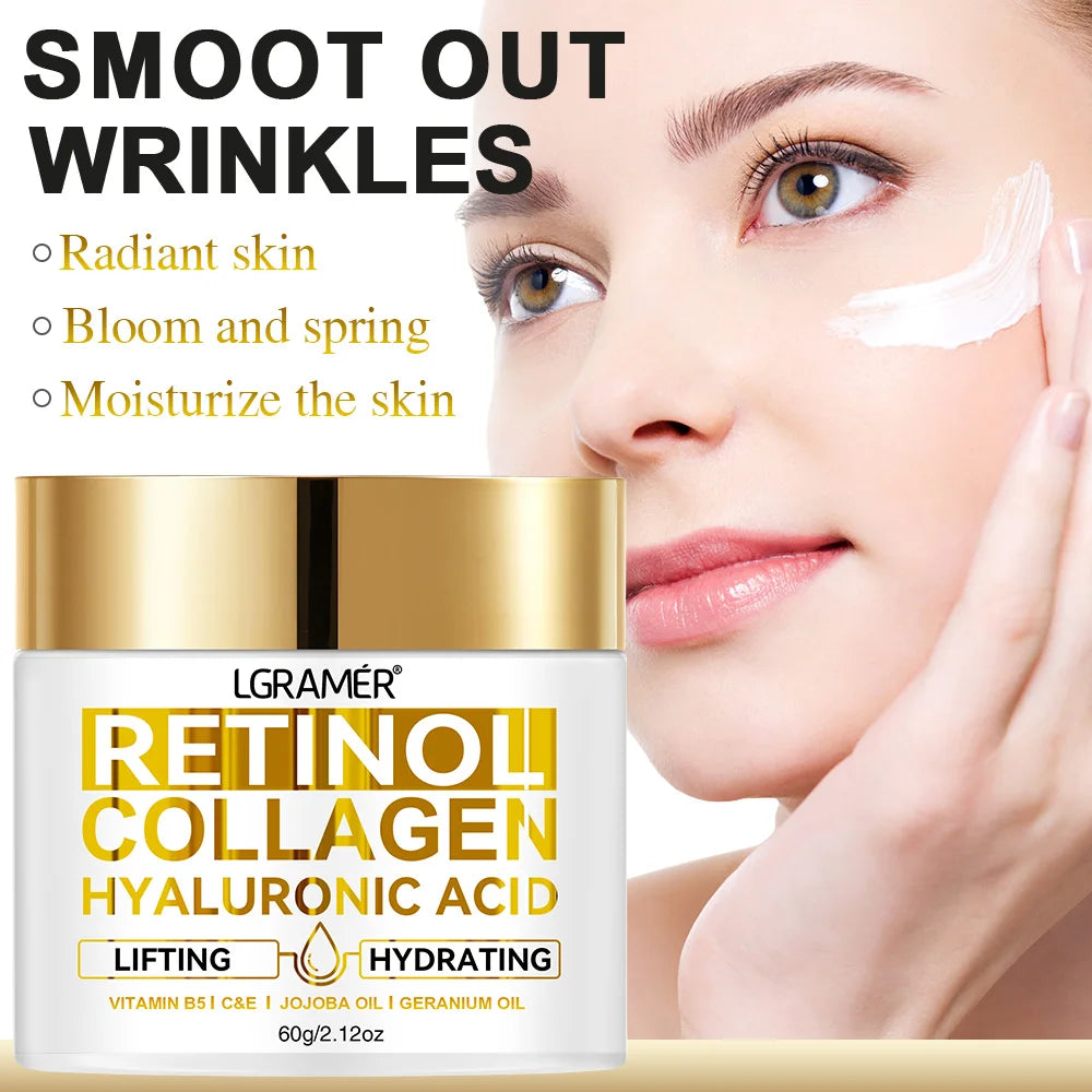 Crema facial con colágeno y retinol LGRAMER: hidratante antiarrugas con ácido hialurónico para hombres y mujeres