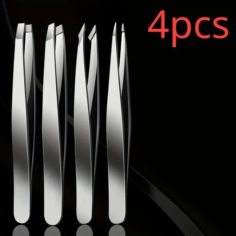 Juego de 4 pinzas profesionales de acero inoxidable LuxuryGlow: elimina fácilmente el vello facial, las cejas y las astillas.