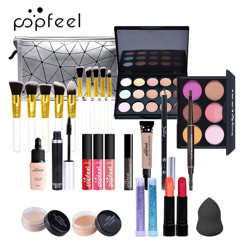 مجموعة هدايا مكياج POPFEEL من LuxuryGlow - مجموعة كاملة للوجه مع ظلال العيون، ملمع الشفاه، كريم الأساس، والفرش