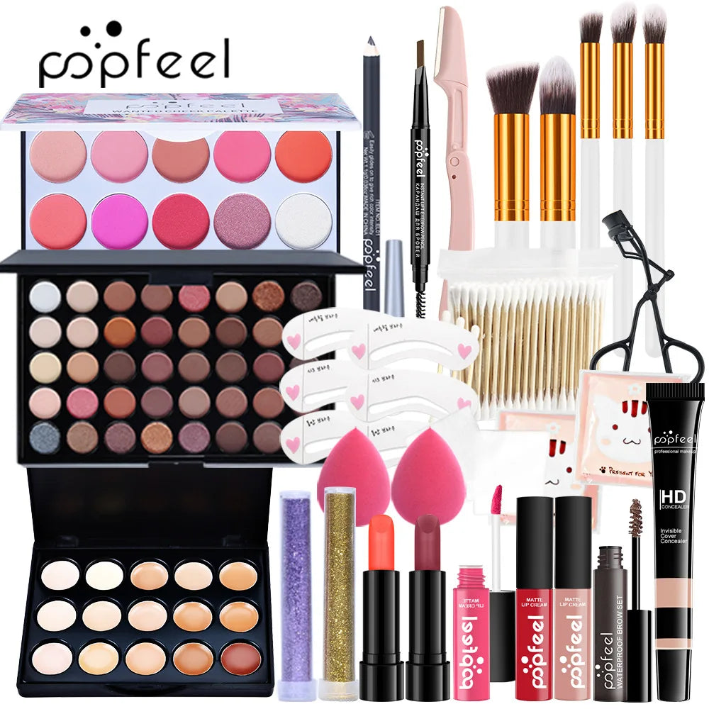 مجموعة هدايا مكياج POPFEEL من LuxuryGlow - مجموعة كاملة للوجه مع ظلال العيون، ملمع الشفاه، كريم الأساس، والفرش