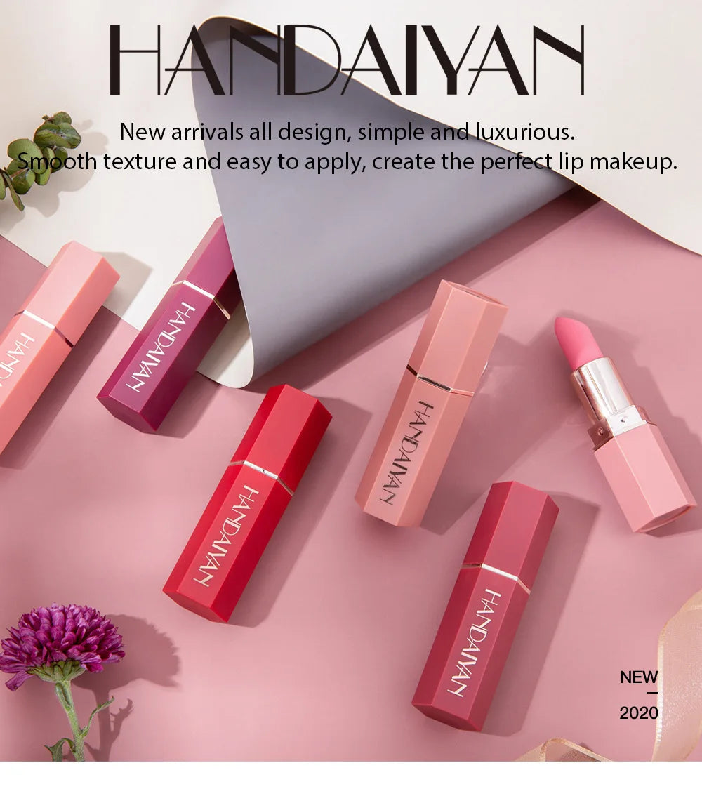 Handaiyan 6-Color Matte Velvet Lipstick Set – Waterproof, Long-Lasting Nude & Red Shades