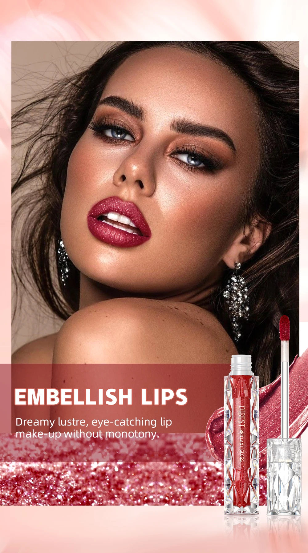 Brillo de labios con brillo de diamante QIBEST: resistente al agua, duradero y brillante.