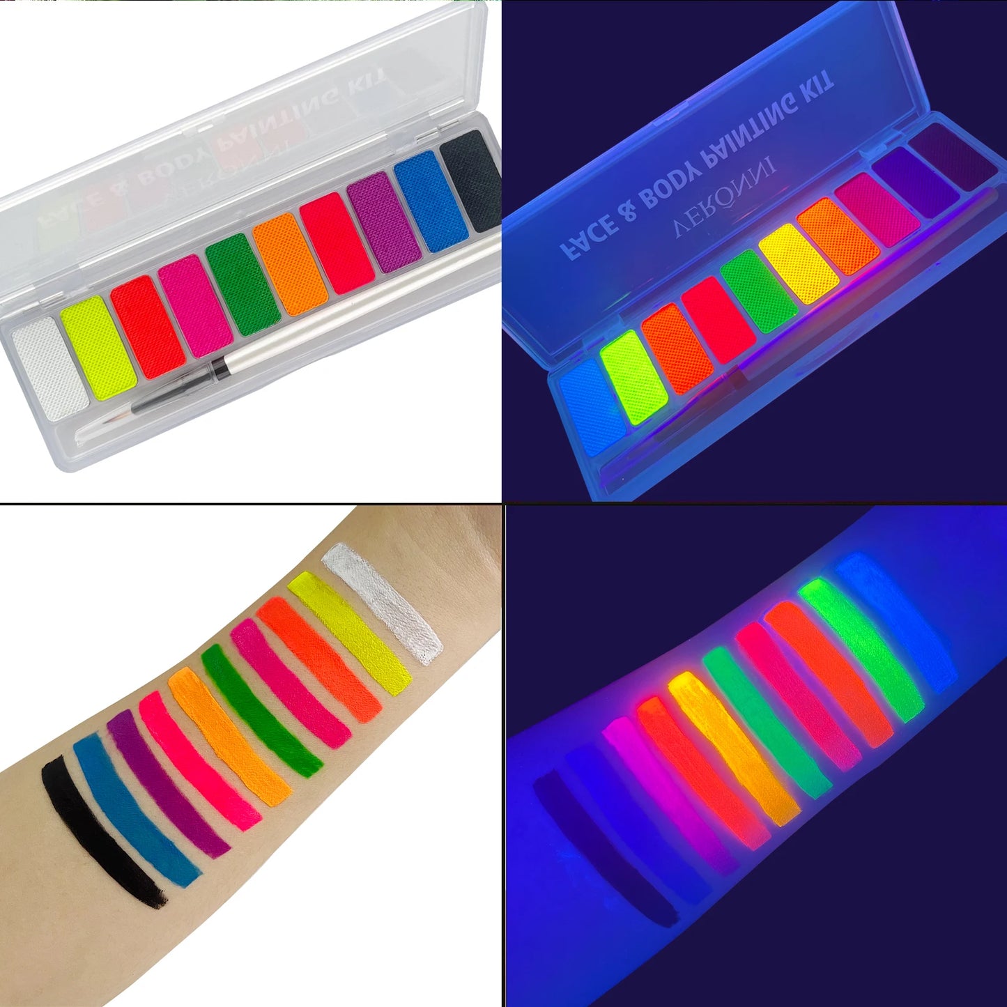 VERONNI UV Glow Neon Face & Body Paint – 10 Fluorescent Colors for Party Makeup