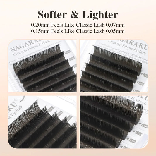 NAGARAKU Flat Ellipse Eyelash Extensions – Soft Matte Gray-Black Split Tips