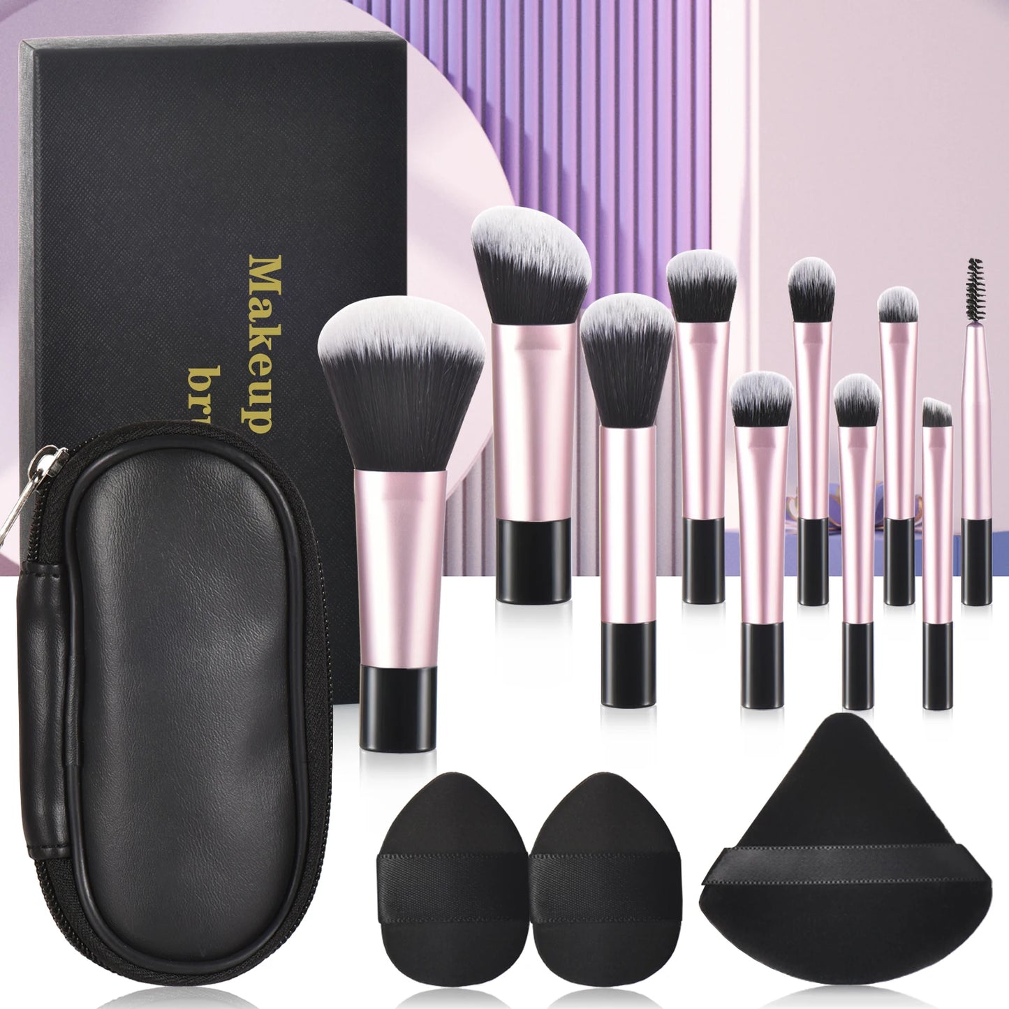مجموعة فرش مكياج صغيرة من LuxuryGlow، 10 ألوان، مجموعة سفر محمولة مع إسفنجة وأدوات