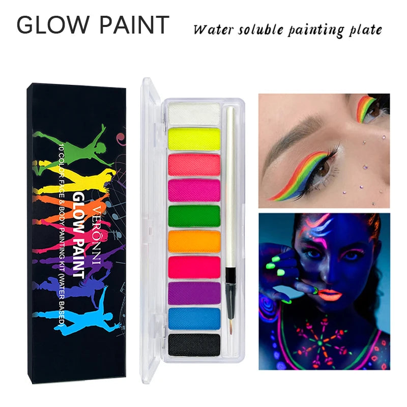 VERONNI UV Glow Neon Face & Body Paint – 10 Fluorescent Colors for Party Makeup