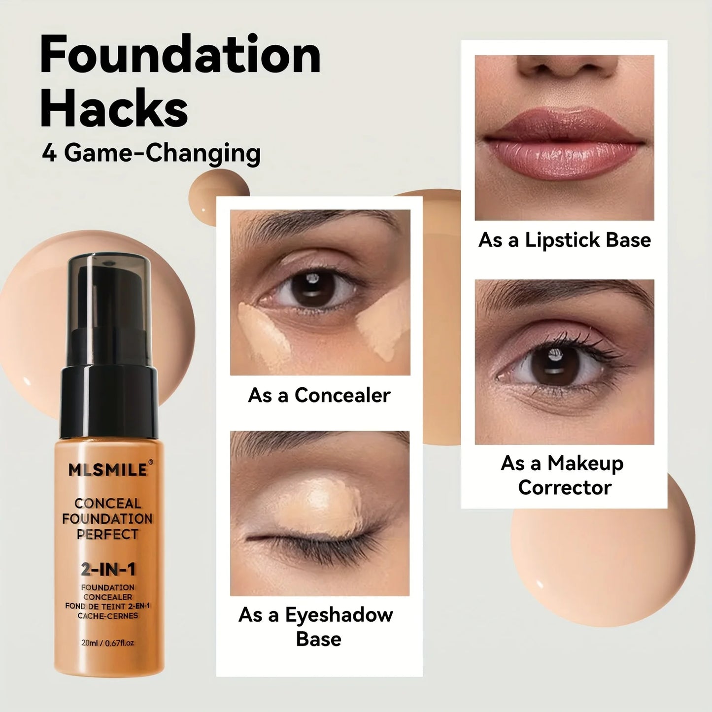 Base de maquillaje líquida y corrector 2 en 1 MLSMILE: cobertura total, resistente al agua, hidratante