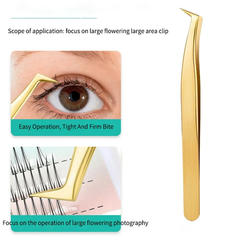 LuxuryGlow Golden Precision Eyelash Extension Tweezers – Stainless Steel 3D Clip Tool