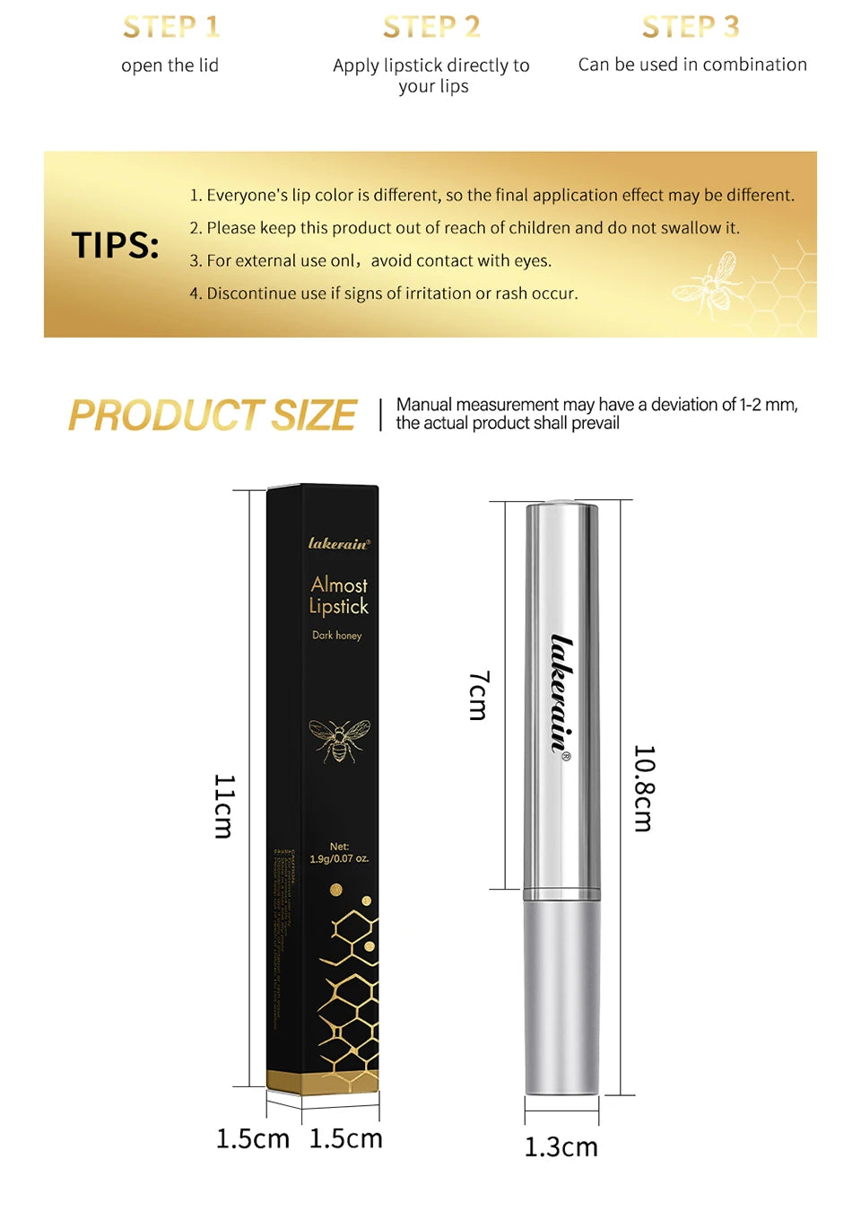 Bálsamo labial Lakerain Black Honey: cuidado labial hidratante de larga duración y que se adapta al color (1,9 g)