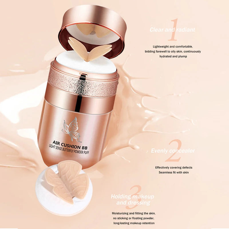 SAKSRAAR Air Cushion BB Cream: Base de maquillaje hidratante y resistente al agua con efecto mariposa | Ilumina, controla la grasa y corrector para todo tipo de piel