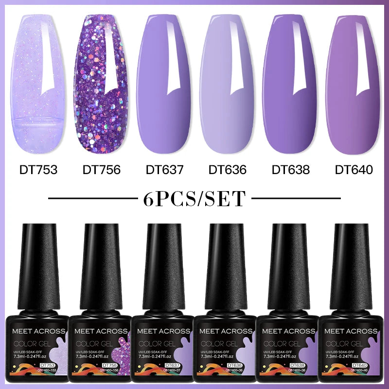 MEET ACROSS 6PC UV LED Gel Nail Polish Set – Soak Off Semi-Permanent Manicure Kit (7ml Each) C50