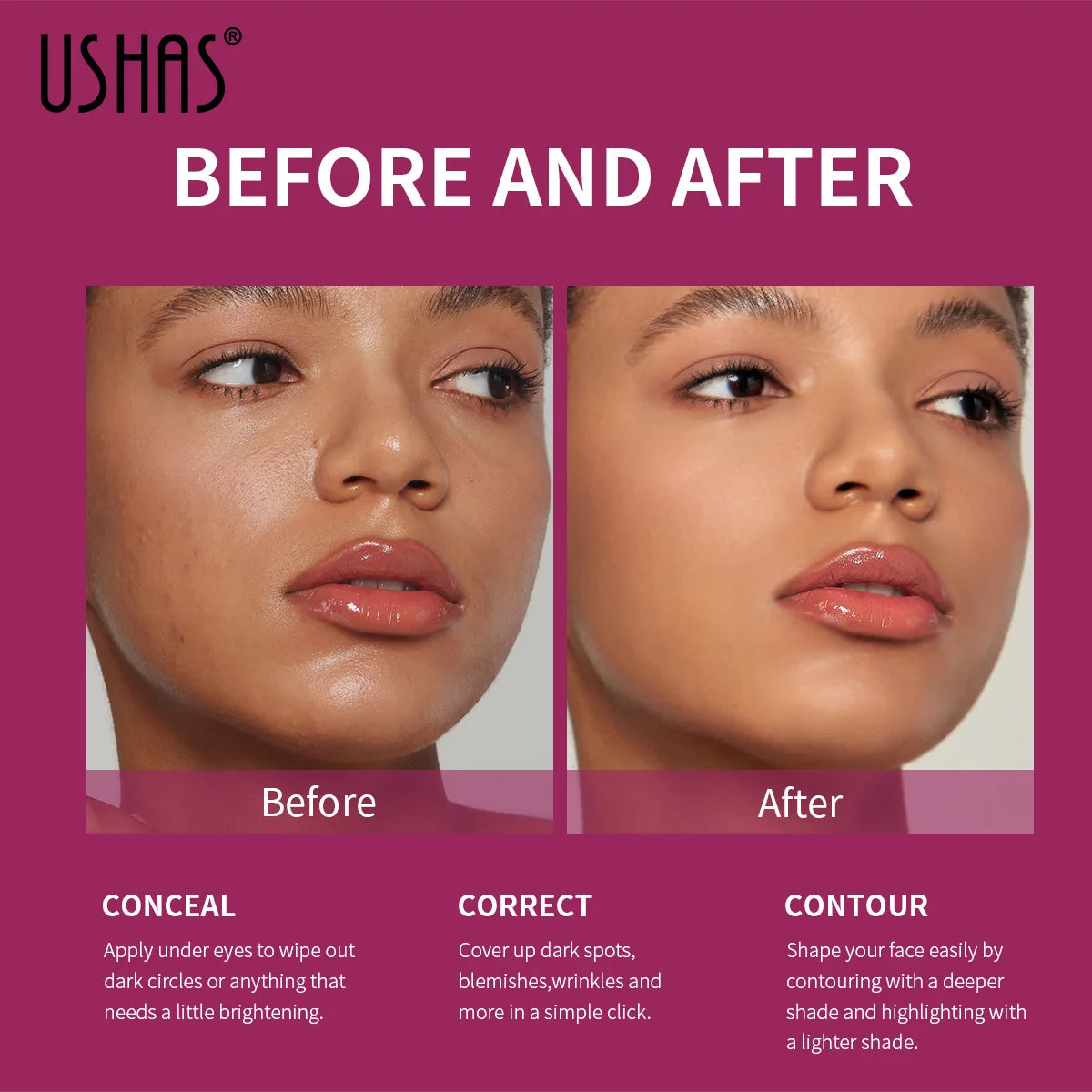 Corrector USHAS resistente al agua con punta de esponja: 12 tonos, look sin maquillaje