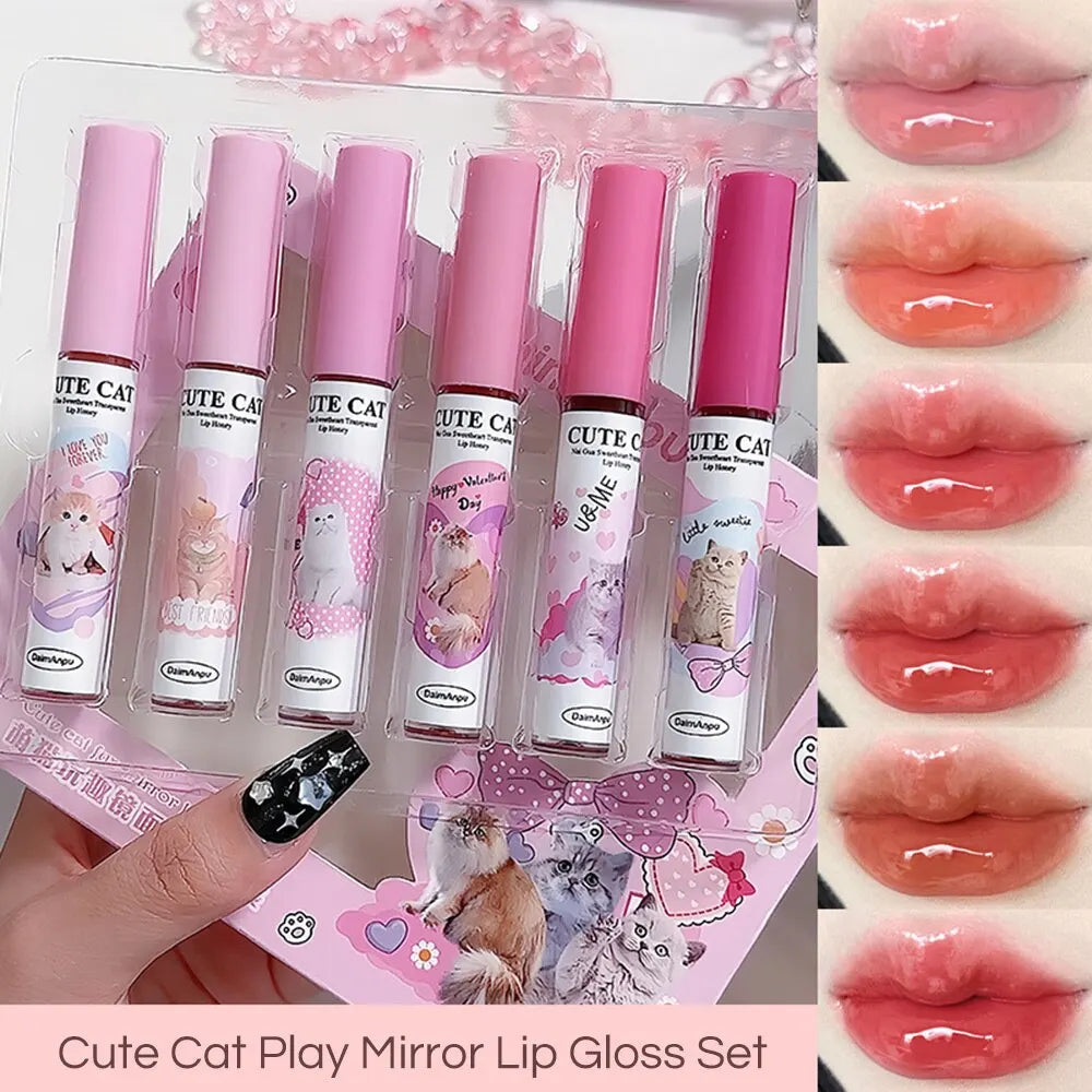 DAIMANPU - Set de brillos labiales con espejo de gato: 6 labiales brillantes, hidratantes y duraderos