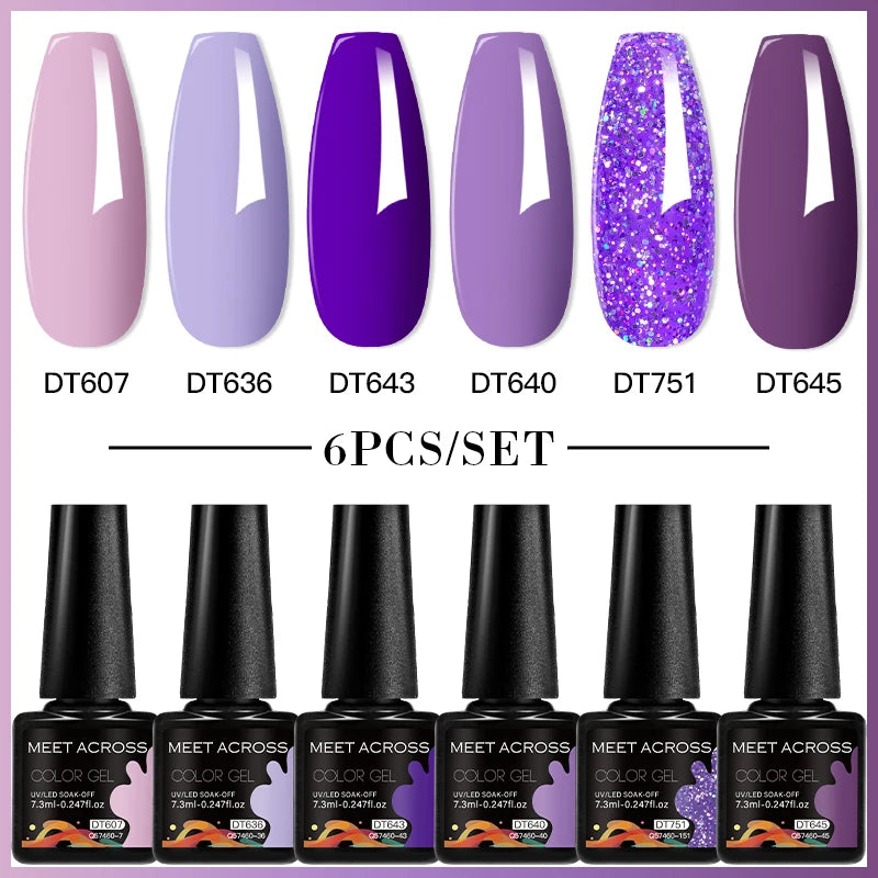 MEET ACROSS 6PC UV LED Gel Nail Polish Set – Soak Off Semi-Permanent Manicure Kit (7ml Each) C75