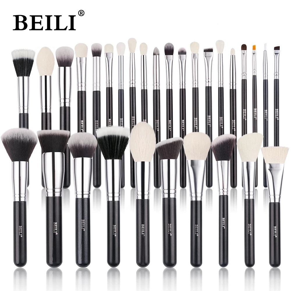 BEILI 30pcs Black Makeup Brush Set – Goat Hair & Synthetic Professional Kit C150