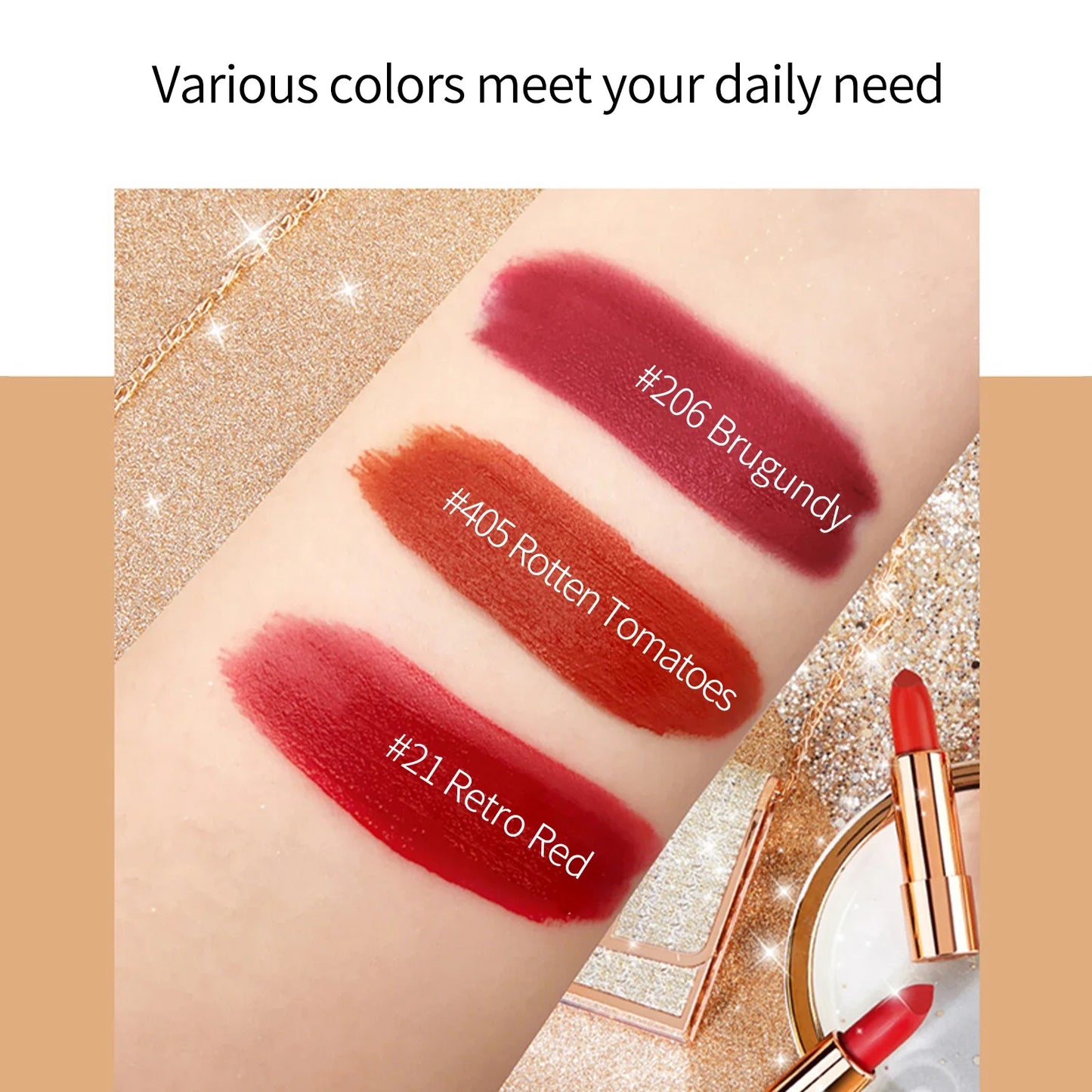 LUXURYTO - Juego de 3 labiales mate con bolsa plateada - Duraderos y resistentes al agua