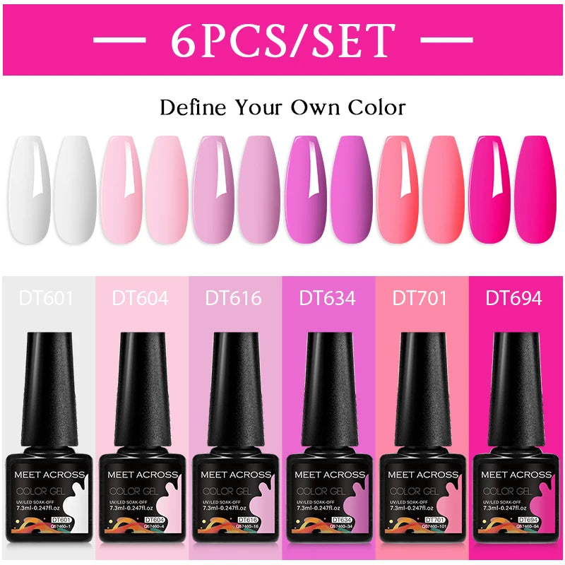 MEET ACROSS 6PC UV LED Gel Nail Polish Set – Soak Off Semi-Permanent Manicure Kit (7ml Each) C103