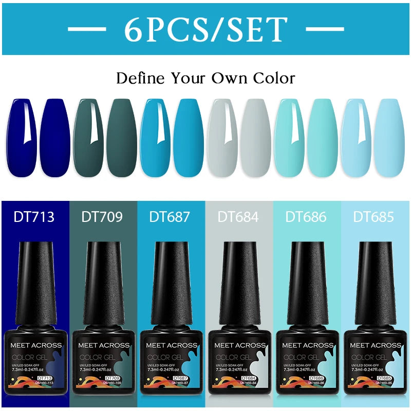 MEET ACROSS 6PC UV LED Gel Nail Polish Set – Soak Off Semi-Permanent Manicure Kit (7ml Each) C75
