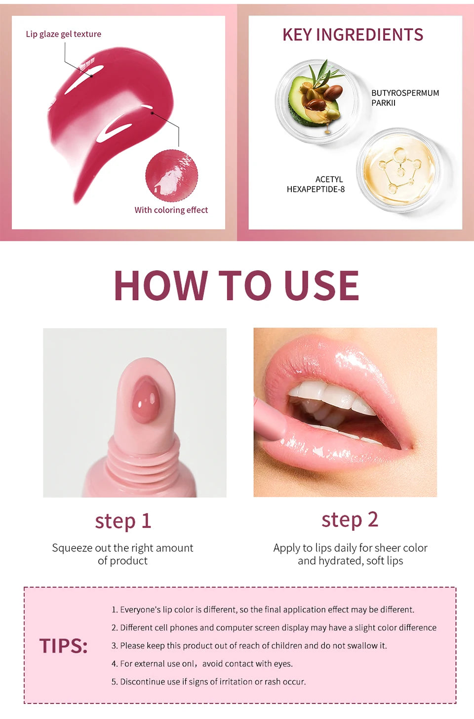 Brillo labial Lakerain Mirror Lip Glaze: 10 ml. Aceite labial hidratante, duradero y no pegajoso para labios nutridos y voluminosos.