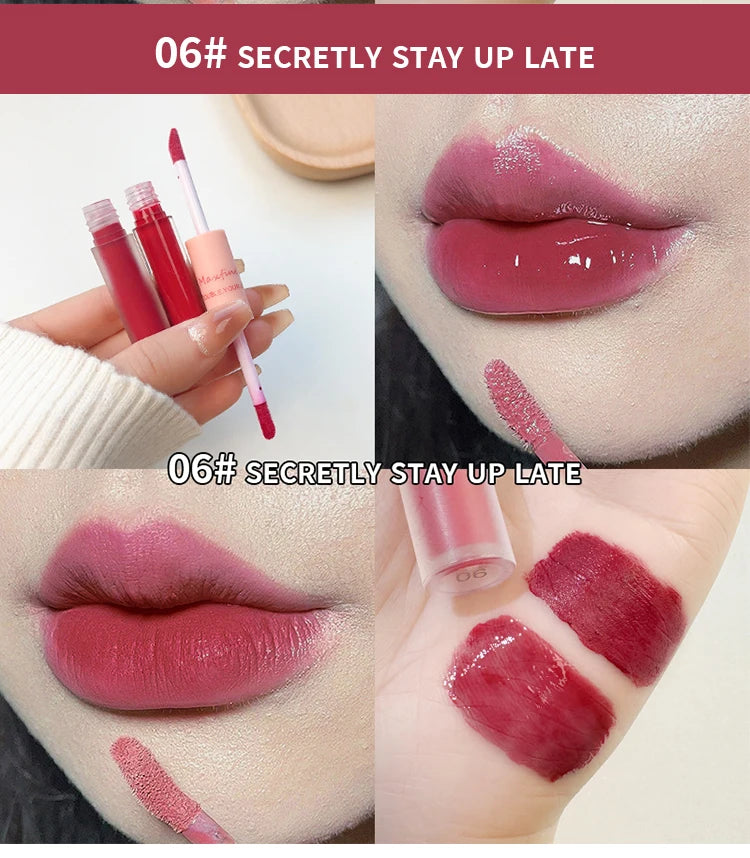 Brillo de labios de doble punta MAXFINE: acabado mate y brillante resistente al agua, hidratación duradera.