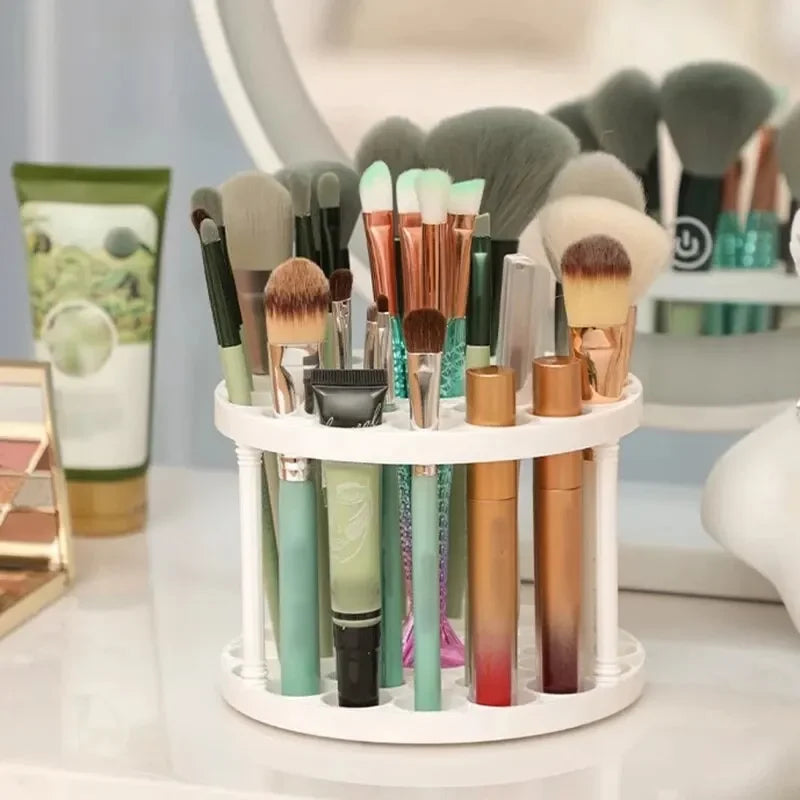 Organizador de brochas de maquillaje y cosméticos de acrílico LuxuryGlow: soporte y organizador de pintalabios para tocador (28 × 23 cm)