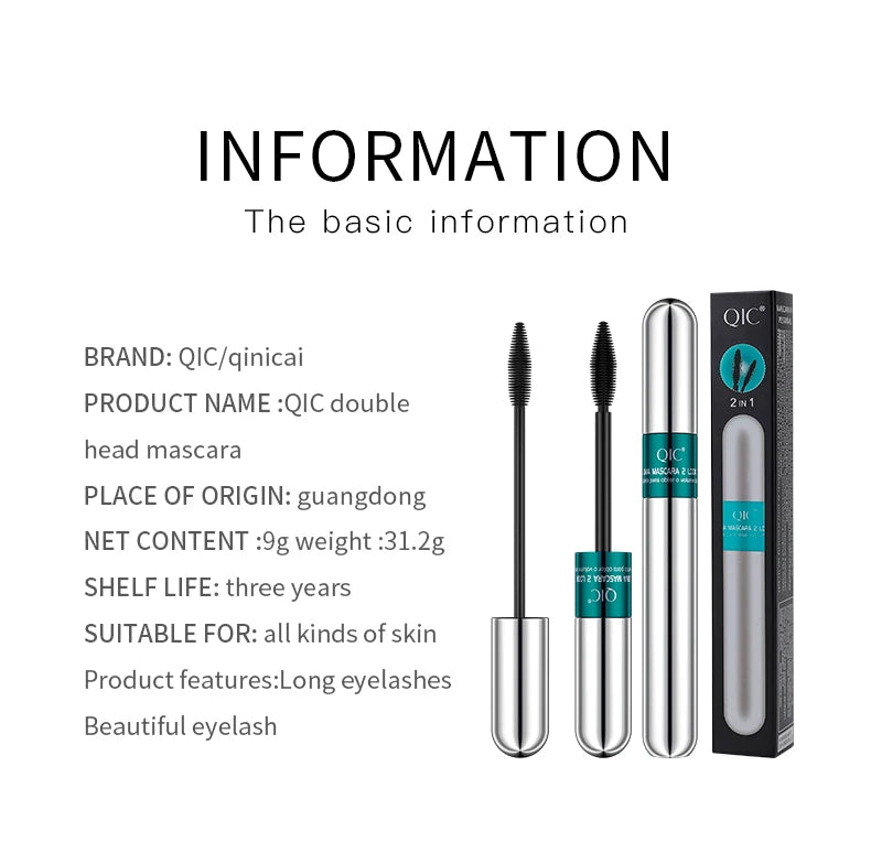 QIC 2-in-1 Waterproof Silk Fiber Mascara for Eyelash Extension – Lengthening & Volumizing