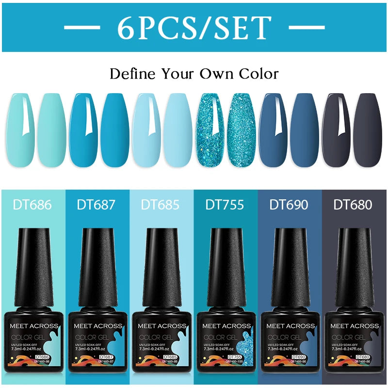 MEET ACROSS 6PC UV LED Gel Nail Polish Set – Soak Off Semi-Permanent Manicure Kit (7ml Each) C50